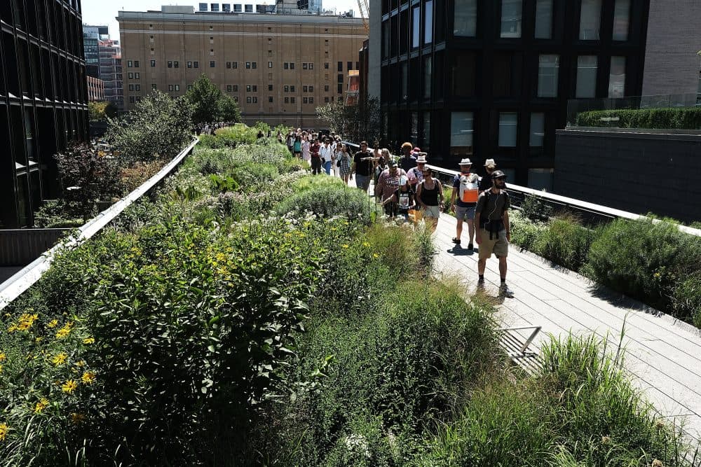 Tourists and locals alike walk along the High Line, an old rail line that was converted to an elevated park and greenway, on a warm July day in New York City. (Spencer Platt/Getty Images)