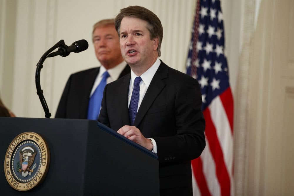 President Donald Trump listens as Judge Brett Kavanaugh his Supreme Court nominee speaks, in the East Room of the White House, Monday, July 9, 2018, in Washington. (Evan Vucci/AP)
