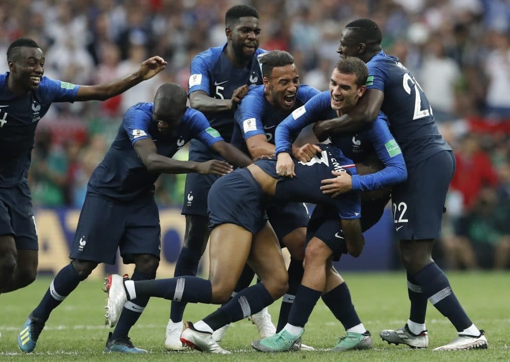 French players celebrate at the end of the final match between France and Croatia at the 2018 soccer World Cup in the Luzhniki Stadium in Moscow, Russia, Sunday, July 15, 2018. France won 4-2. (Petr David Josek/AP)