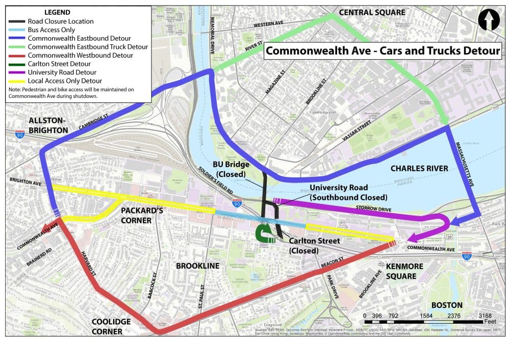 The cars and trucks detour maps for the Commonwealth Avenue road work. The work will span from July 26 to Aug. 11. (Courtesy MassDOT)