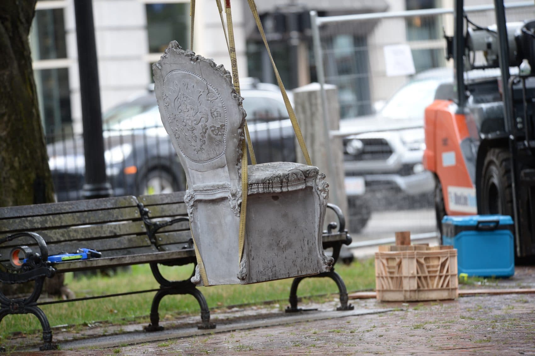 Workers move the pieces of "Open House" on a sling onto the Commonwealth Avenue Mall. (Courtesy Ryan C. McMahon)