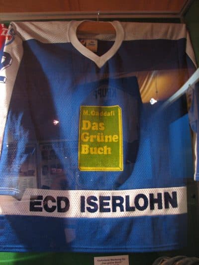 One of the two &quot;Green Book&quot; jerseys known to exist. This one, an away jersey that was never worn, is on exhibit at the German Ice Hockey Hall of Fame in Augsburg, Germany. (Courtesy Roosterfan via Wikimedia Commons)