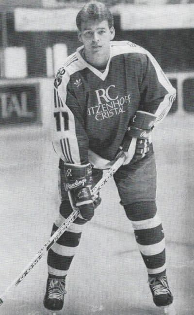 Earl Spry's 1986 photo for the ECD Iserlohn team yearbook with Ritzenhoff Cristal logo prominently displayed. (Courtesy Earl Spry)