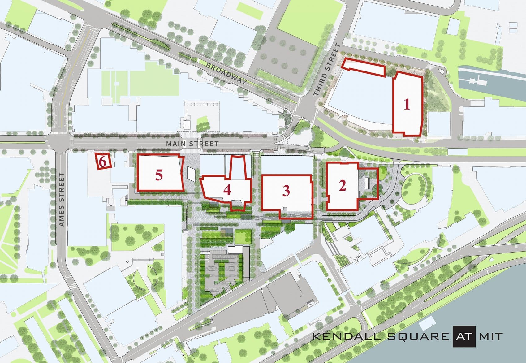 A map of MIT's Kendall Square Initiative, a development project that will include six sites slated for housing, retail, office space, research and development, and outdoor space. project. The project will cost $2 billion, according to MIT officials. (Courtesy: MITIMCO)