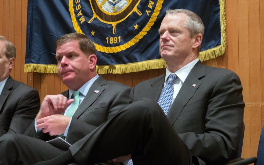 Boston Mayor Marty Walsh and Gov. Charlie Baker at an event at the John D. O'Bryant School in 2017 (Max Larkin/WBUR)