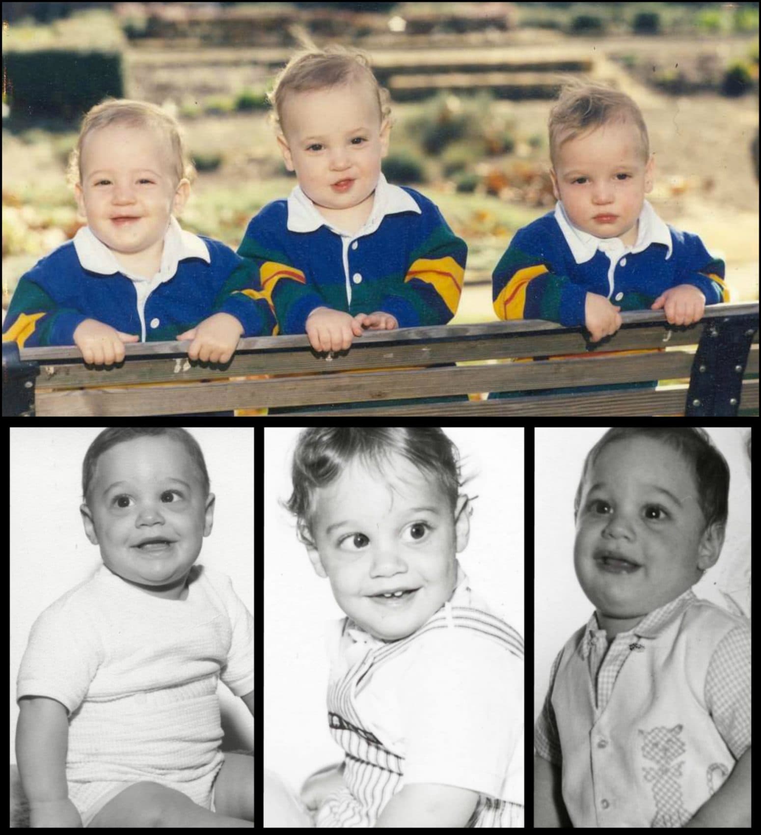 On the top, a photograph of the Kaplan brothers (from the left: Justin, Ian and Morgan) before their first birthday. On the bottom, the triplets of "Three Identical Strangers": Eddy, David and Bobby. (Courtesy Kaplan family and NEON)