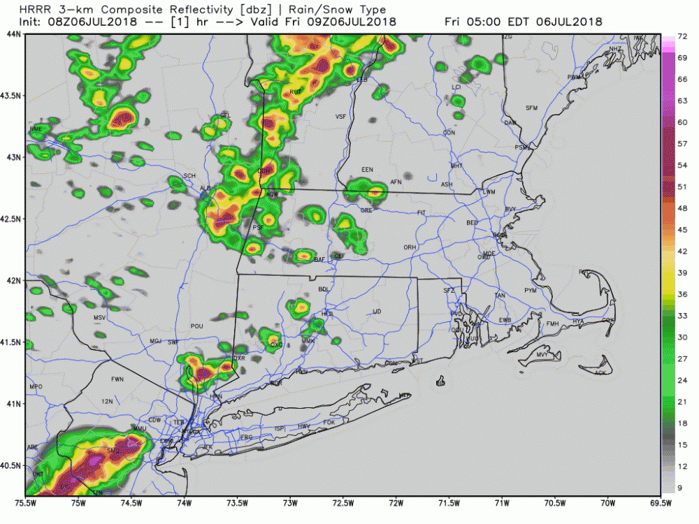 Showers and some thunderstorms bring an end to our recent heat wave and humid conditions. (Courtesy WeatherBell)