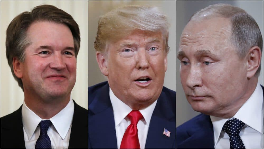 Brett Kavanaugh, Donald Trump and Vladimir Putin, all pictured in July 2018. (AP) 