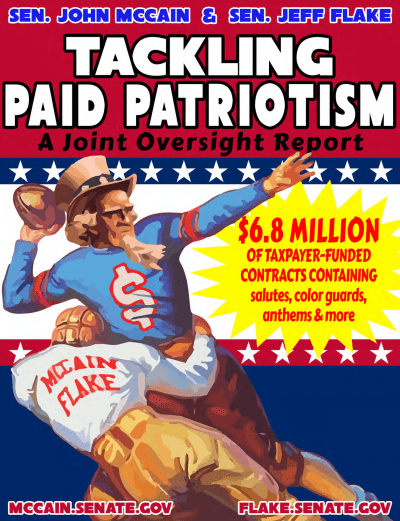 "Tackling Paid Patriotism" shed light on the millions of taxpayer dollars being spent by the military on patriotic displays at sporting events.