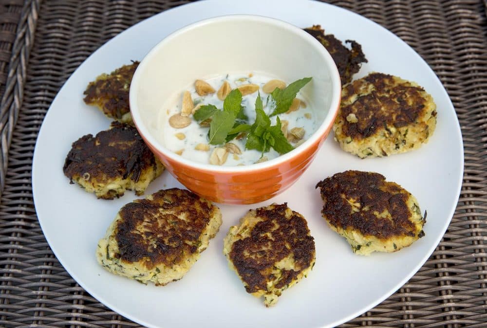 Zucchini and mint fritters, from chef Kathy Gunst. (Robin Lubbock/WBUR)
