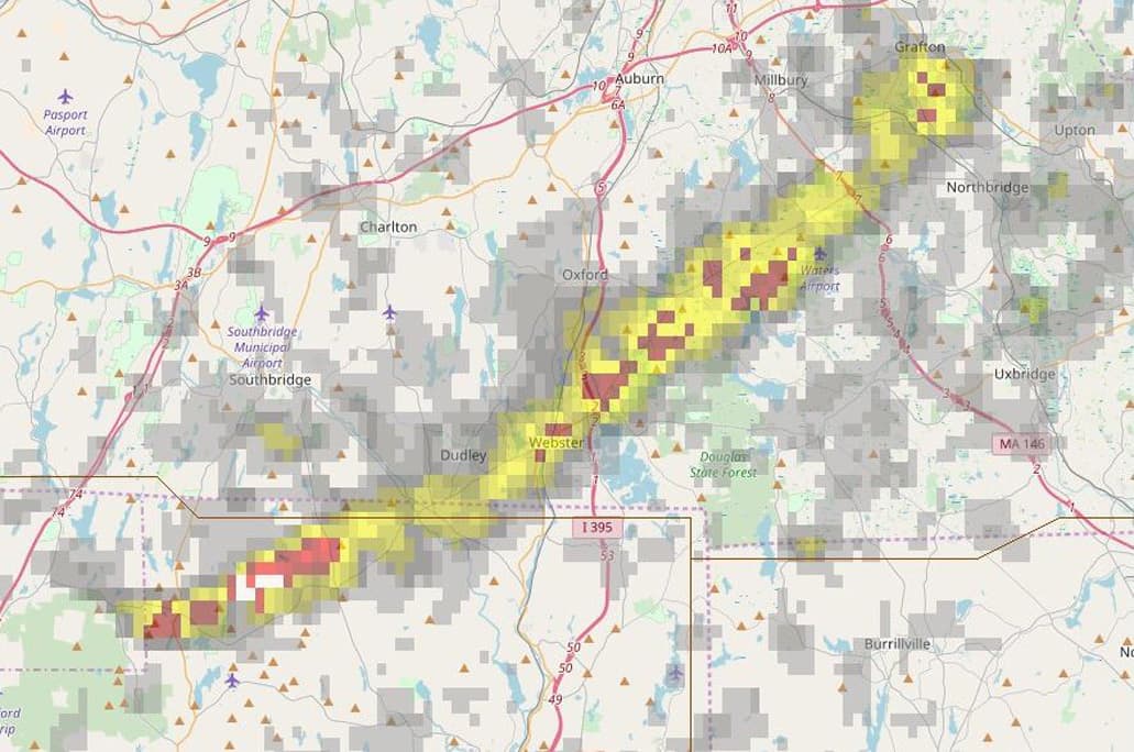 The National Oceanographic and Atmospheric Administration's radar shows rotation tracks from a Saturday morning storm that hit Worcester County. Officials will use the imaging in a damage survey. (The National Severe Storms Laboratory)