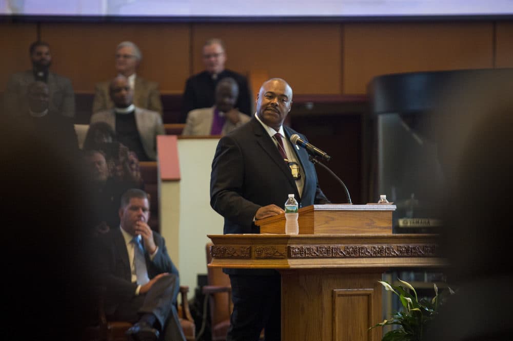 New Boston Police Commissioner William Gross speaks to the crowd during his swearing in ceremony at Morning Star Baptist Church in Mattapan. (Jesse Costa/WBUR)