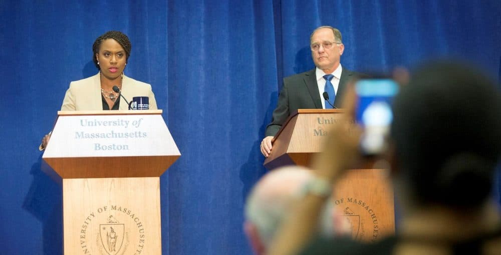 Boston City Councilor Ayanna Pressley and U.S. Rep. Mike Capuano participate in a debate at the the McCormack Graduate School of Policy and Global Studies at UMass Boston. (Robin Lubbock/WBUR)