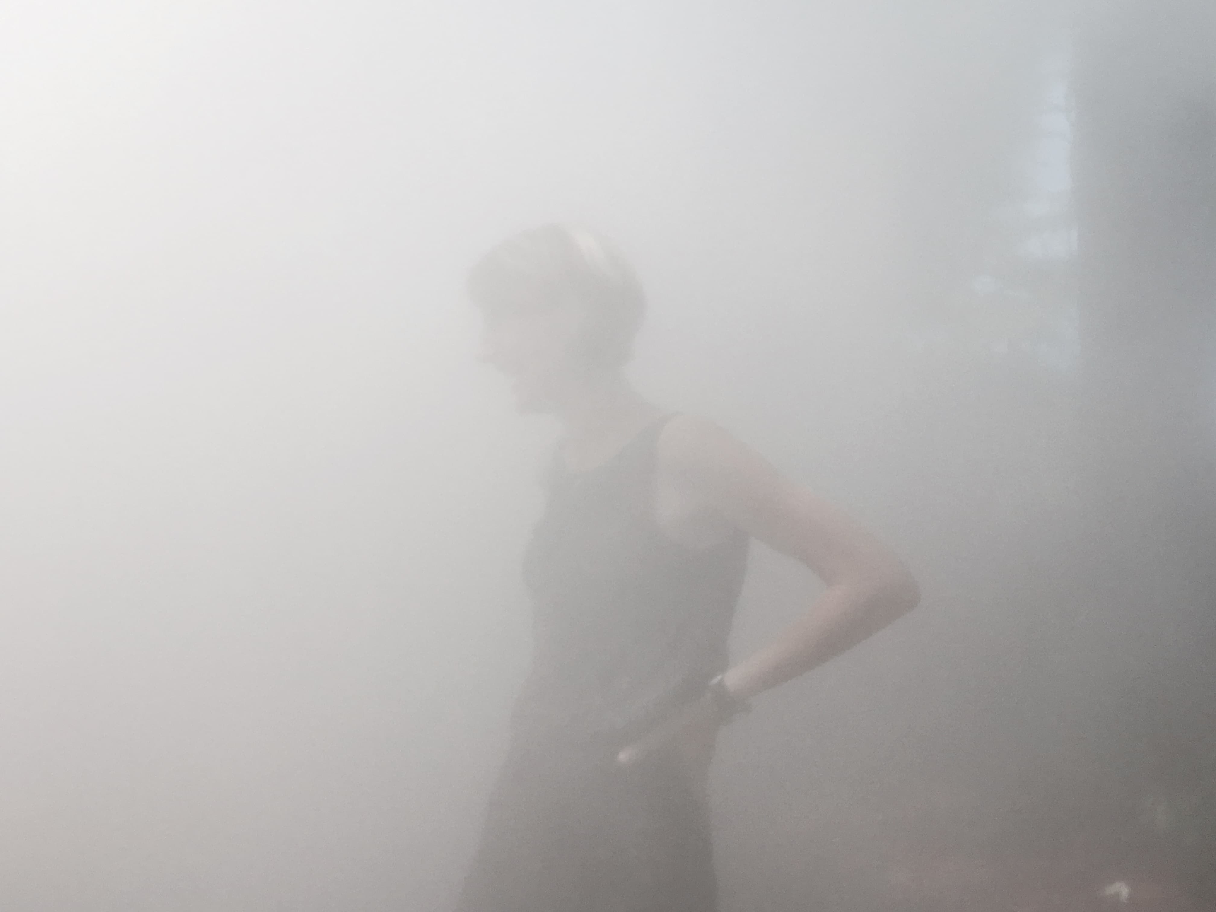 Curator Jen Mergel in the mist. (Andrea Shea/WBUR)