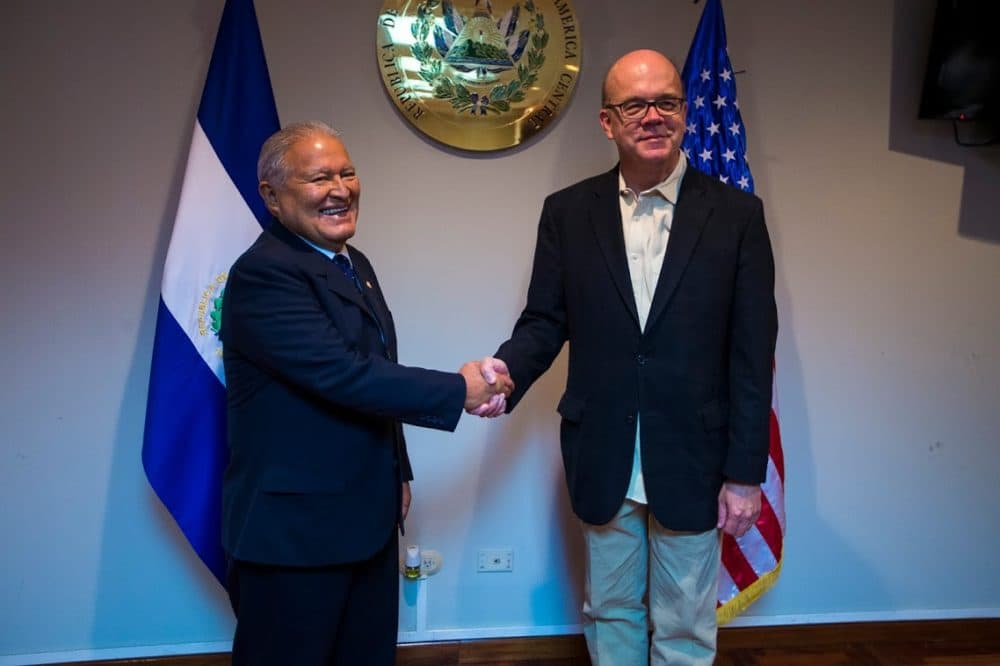 El Salvador President Salvador Sánchez Cerén greets Congressman Jim McGovern at the Casa Presidencial in San Salvador. (Jesse Costa/WBUR)