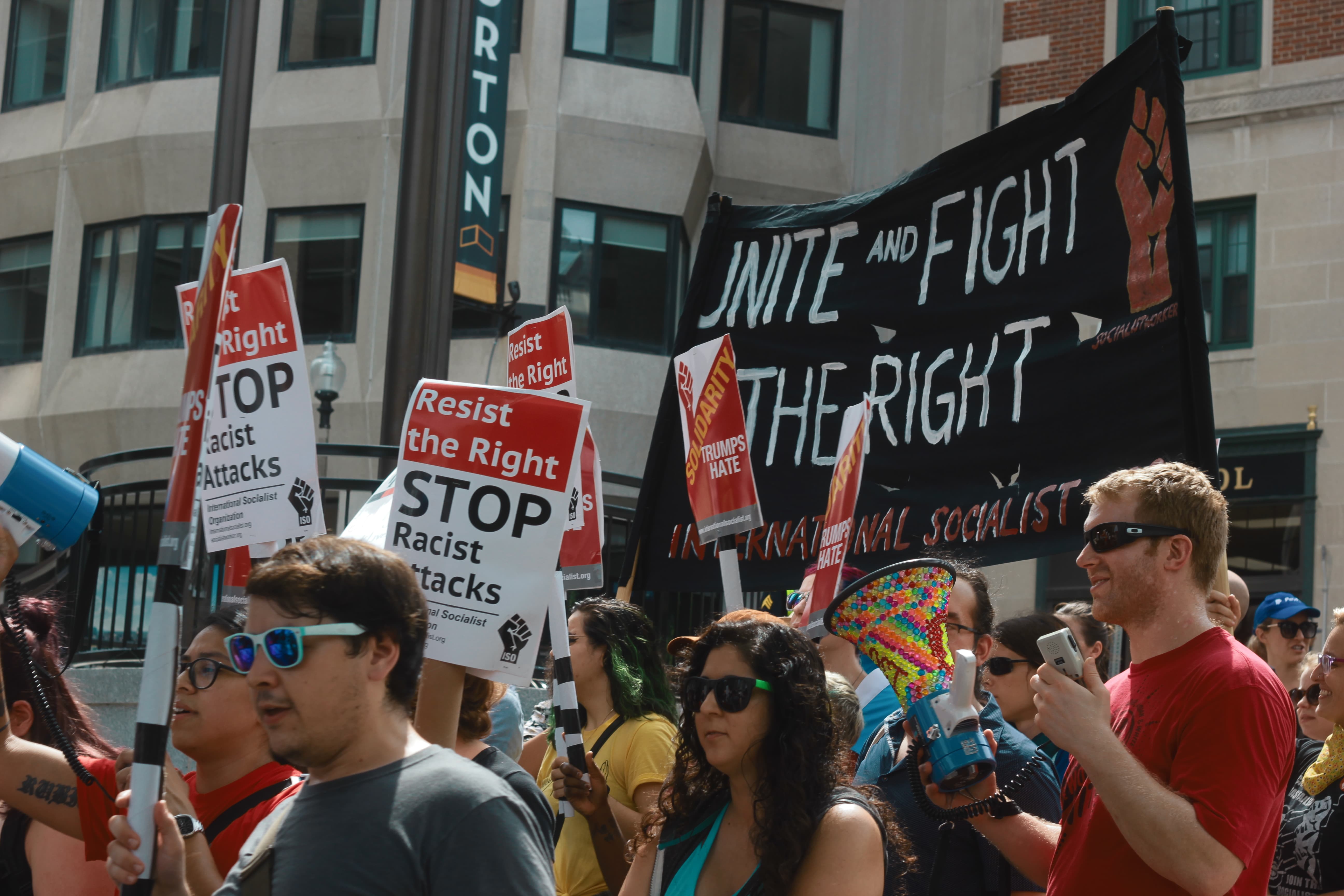 Counterprotesters greatly outnumbered people involved with a "free speech" rally in Boston on Saturday afternoon. (Quincy Walters/WBUR)