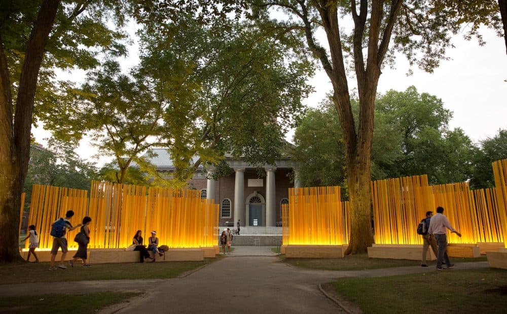 Visitors to Harvard Yard pass through the middle of Teresita Fernández's &quot;Autumn (…Nothing Personal),&quot; as the installation lights up the leaves on the trees around it in the early evening. (Robin Lubbock/WBUR)