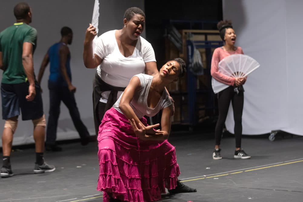 Dawn Bless, Amber Pickens, and Hailee Wright in rehearsal for &quot;The Black Clown.&quot; (Courtesy Maggie Hall/A.R.T.)