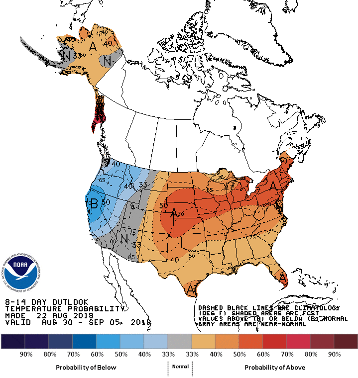 Warmer-than-average weather is likely to continue into the first week of September. (Courtesy NOAA)
