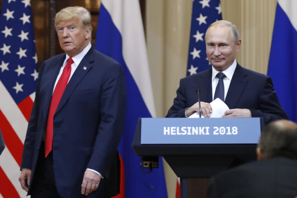 In this July 16, 2018, file photo, U.S. President Donald Trump, left, and Russian President Vladimir Putin arrive for a press conference after their meeting at the Presidential Palace in Helsinki, Finland. (Alexander Zemlianichenko/AP)