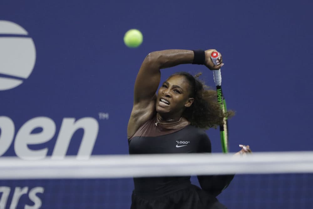 Serena Williams, of the United States, returns a shot to Magda Linette, of Poland, during the first round of the U.S. Open tennis tournament, Monday, Aug. 27, 2018, in New York. (Jason DeCrow/AP)