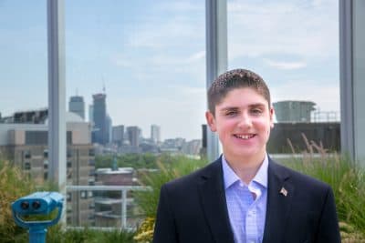 Carson Domey, a teen advocate for telemedicine, in the rooftop garden at Boston Children's Hospital (Courtesy Domey family)