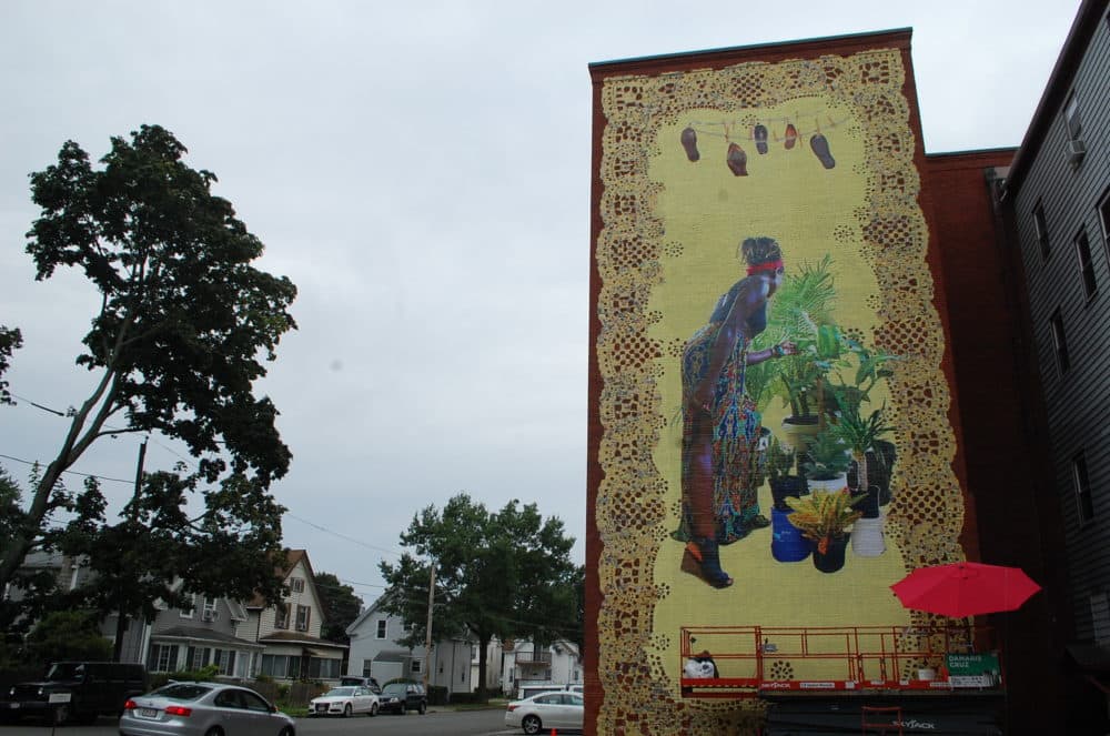 Damaris Cruz's work at the Beyond Walls Mural Festival in Lynn (Dana Forsythe for WBUR)