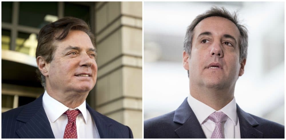 Paul Manafort, L, President Donald Trump's former campaign chairman, and, R, Michael Cohen, Trump's former personal attorney. (AP images)