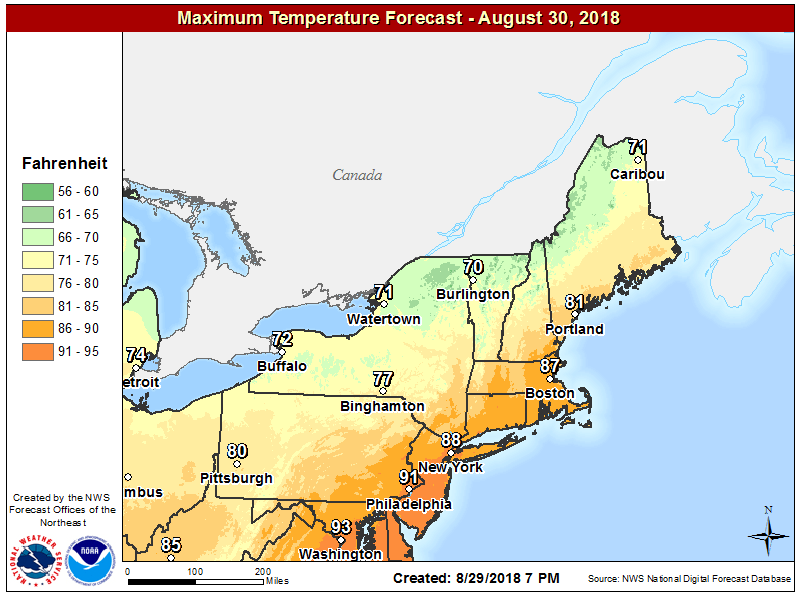 Temperatures will fail to reach 90 in most spots today. (Courtesy NOAA)
