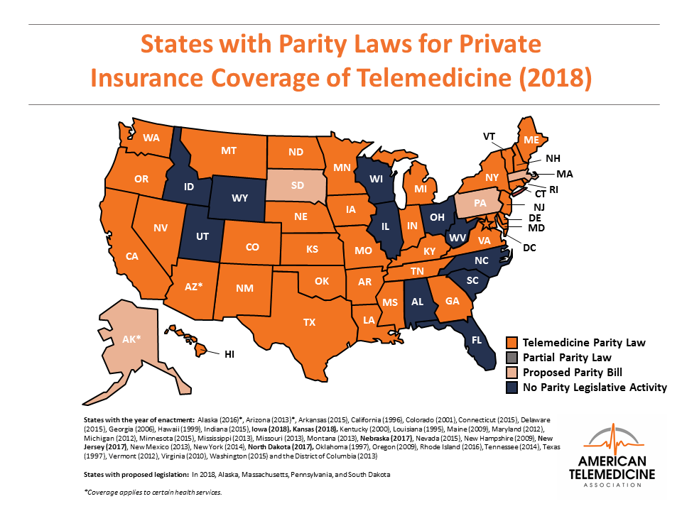 A map of telemedicine parity laws for private insurance, by state. As of this week, Massachusetts should be dark blue instead of light orange. (Courtesy American Telemedicine Association)