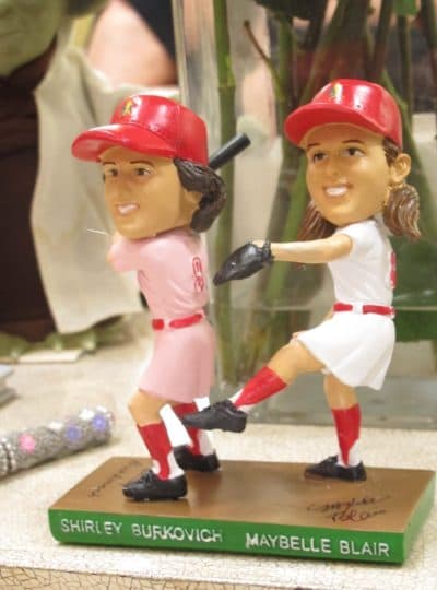 Shirley Burkovich and Maybelle Blair share a bobblehead. (Karen Given/WBUR)