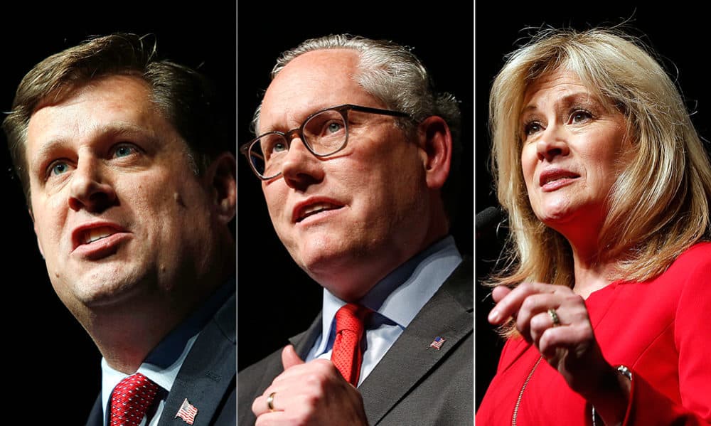 State Rep. Geoff Diehl, left, John Kingston and Beth Lindstrom are competing in the U.S. Senate Republican primary, for a chance to take on Sen. Elizabeth Warren. (Winslow Townson/AP)