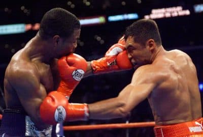 Shane Mosley, left, lands a left to the face of Oscar De La Hoya during the third round of their Welterweight Championship bout on June 17, 2000. (AP Photo/Kevork Djansezian)