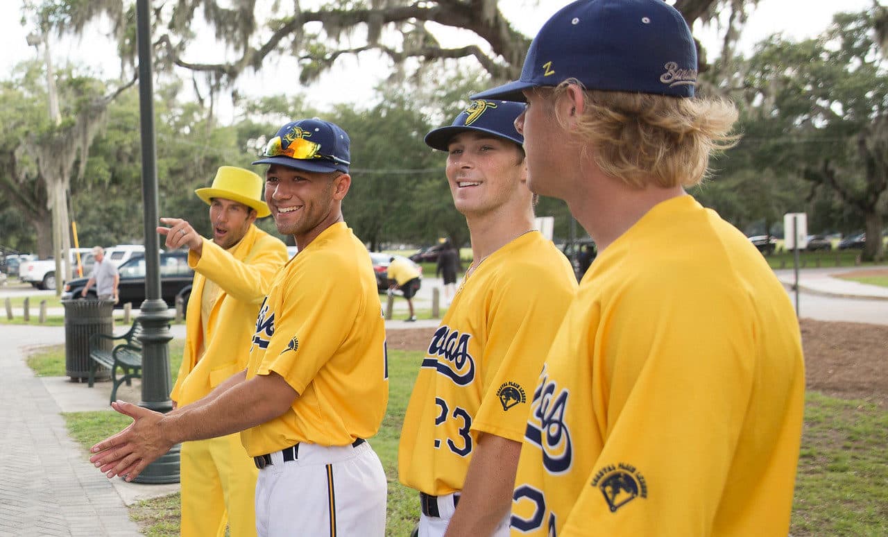 Jesse Cole (left) and Bananas players welcome fans to Grayson Stadium before games. (Courtesy Jesse Cole)