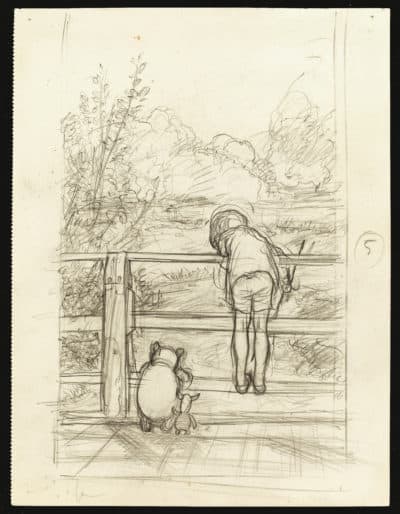 E.H. Shepard's drawing of Winnie the Pooh and Christopher Robin by the river. (Courtesy James DuBose/The Shepard Trust)