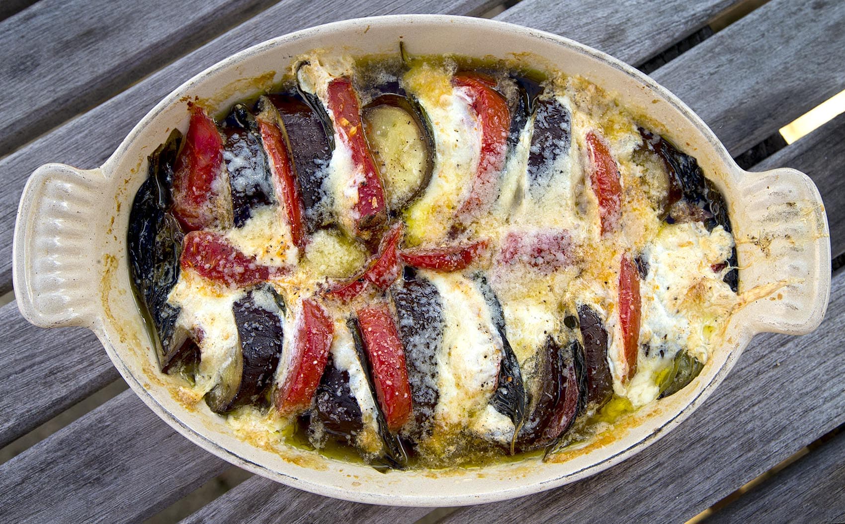 Eggplant parmesan light, from chef Kathy Gunst. (Jesse Costa/WBUR)
