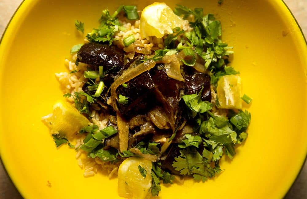 Green curry eggplant, from chef Kathy Gunst. (Jesse Costa/WBUR)