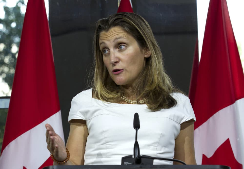 Canada's Foreign Affairs Minister Chrystia Freeland speaks during a news conference at the Canadian Embassy after talks at the Office of the United States Trade Representative, in Washington, Friday, Aug. 31, 2018. (Jose Luis Magana/AP)