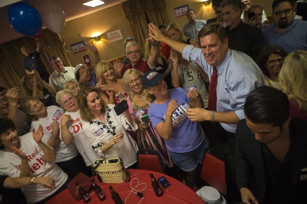 Geoff Diehl greets supporters after his Republican primary win. (Jesse Costa/WBUR)