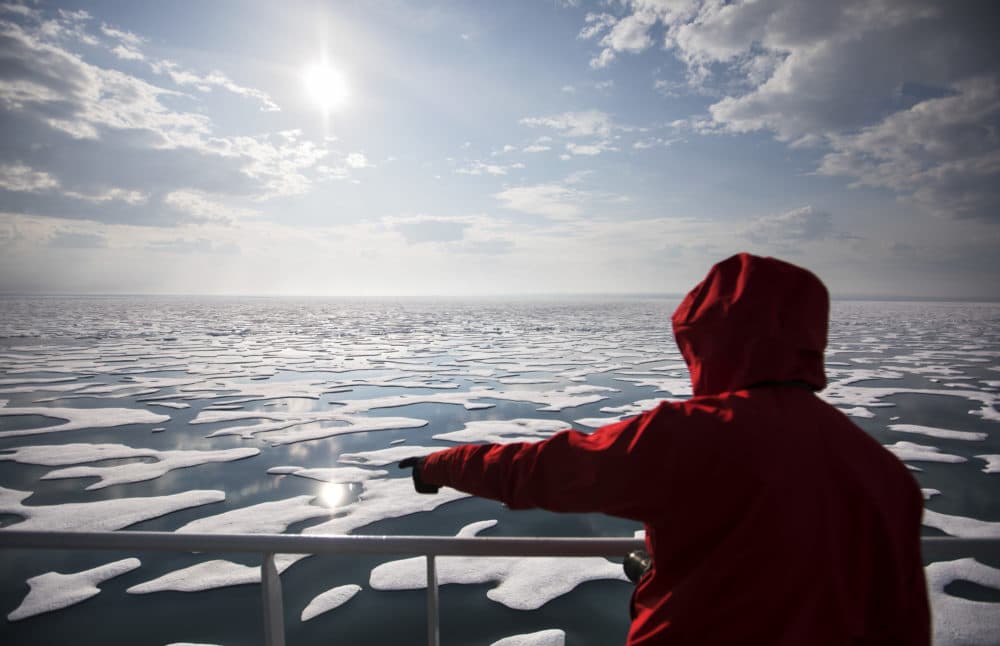 Researcher Tiina Jaaskelainen points out a possible sighting of wildlife aboard the Finnish icebreaker MSV Nordica as it traverses the Northwest Passage through the Canadian Arctic Archipelago, July 22, 2017. (David Goldman/AP)
