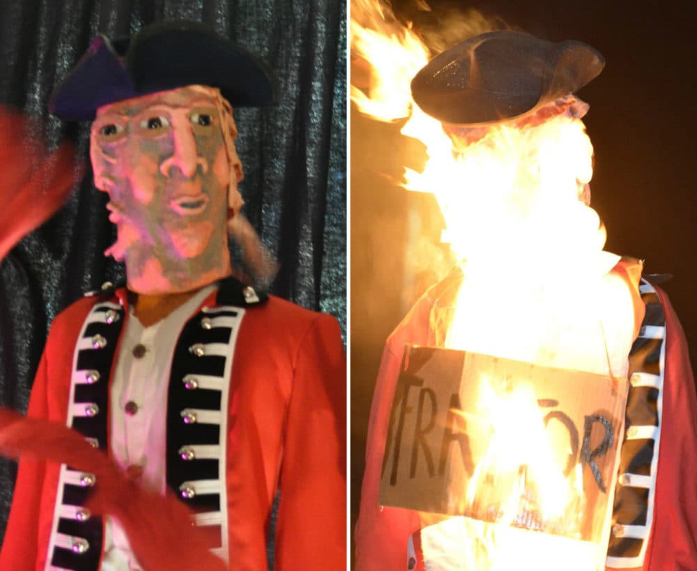 The two-faced Benedict Arnold effigy before being burned (left) and after being set ablaze. (Courtesy Flock Theatre)