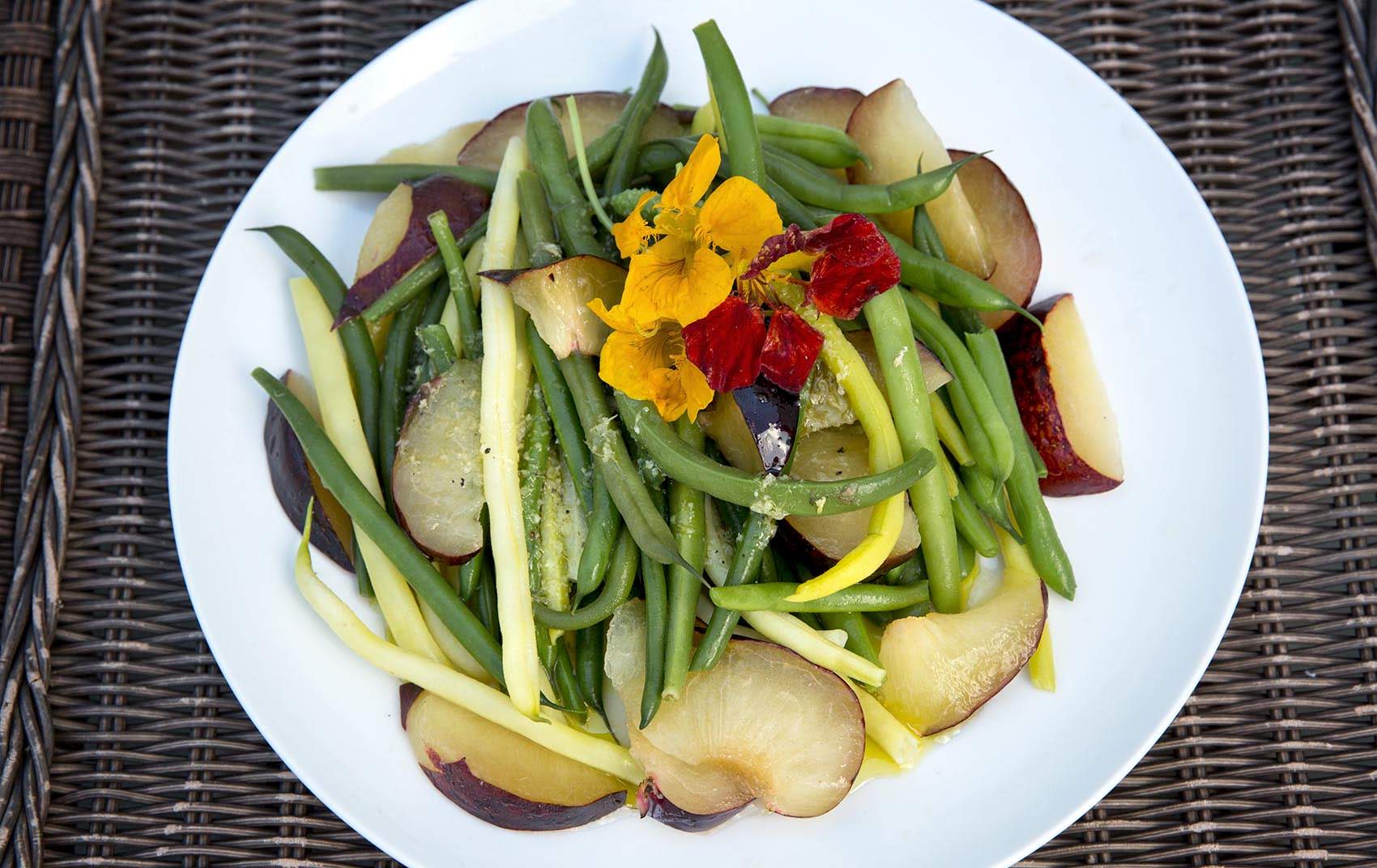 Gingered green bean and plum salad, from chef Kathy Gunst. (Robin Lubbock/WBUR)