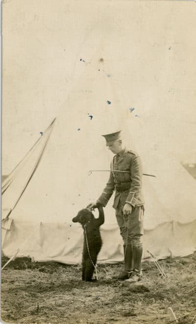 Harry Colebourn with Winnie at the military base in Valcartier, Quebec. (Courtesy of the Mattick family)