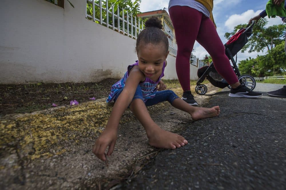 Kendra, 3, reaches for pebbles on the ground to play with. (Jesse Costa/WBUR)