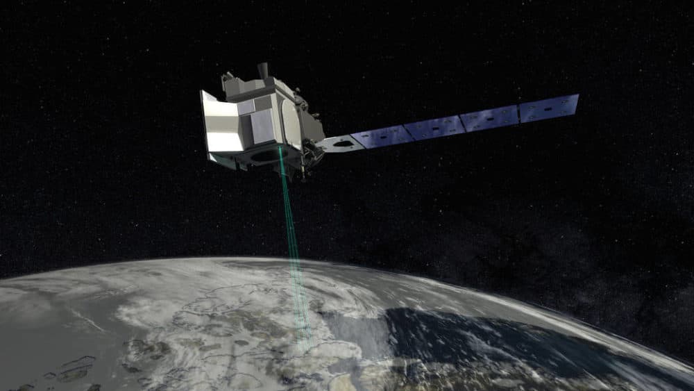 In this artist's concept of ICESat-2, the satellite's laser beams are visible as it orbits. (Courtesy NASA)