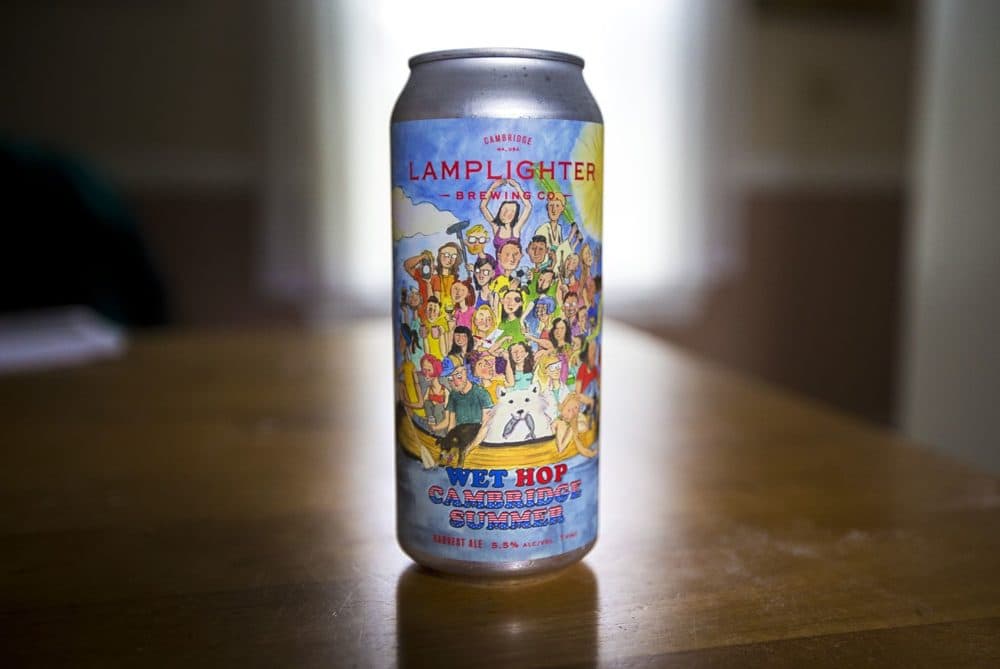 A 16 oz. can of Lamplighter's Wet Hop Cambridge Summer Ale made with local hops. (Jesse Costa/WBUR)