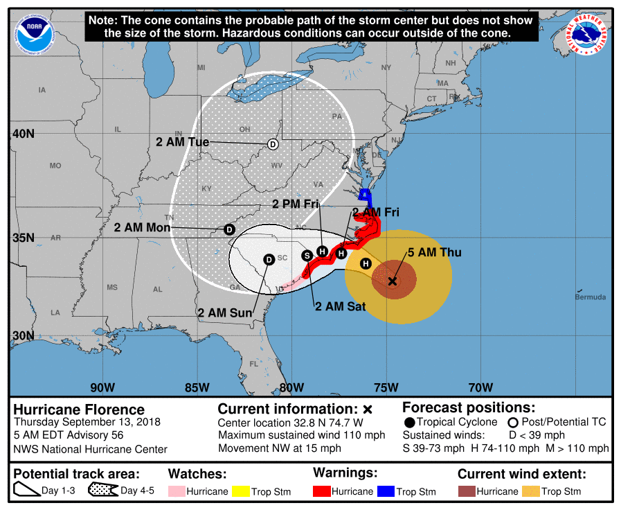 Early Thursday morning the track of Hurricane Florence was still headed for the Carolina Coastline. (Courtesy NHC)