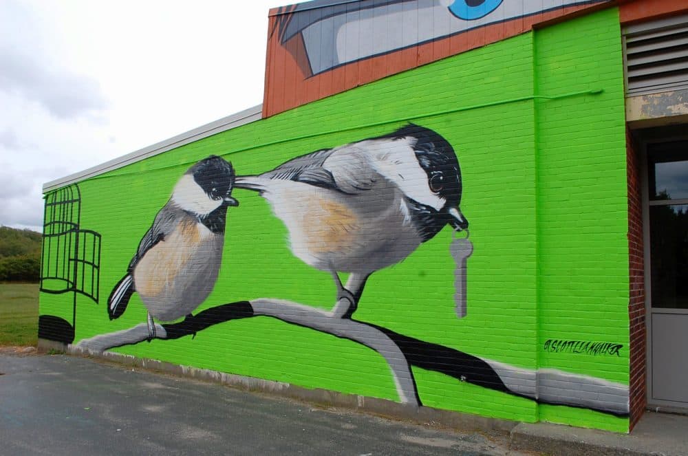 Artist Scott Walker's &quot;Wing Tips&quot; mural at Pow! Wow! Worcester (Dana Forsythe for WBUR) 