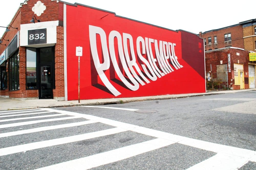 Artist Ben Johnston's &quot;Por Siempre&quot; mural in Worcester (Dana Forsythe for WBUR) 