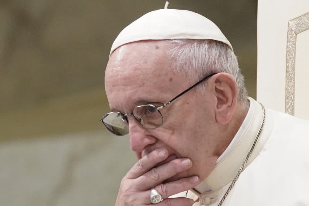 FILE - In this Aug. 22, 2018 file photo, Pope Francis is caught in pensive mood during his weekly general audience in the Pope Paul VI hall, at the Vatican. Archbishop Carlo Maria Vigano, with his 11-page testimony, have thrown Francis' 5-year papacy into crisis. (Andrew Medichini/AP)